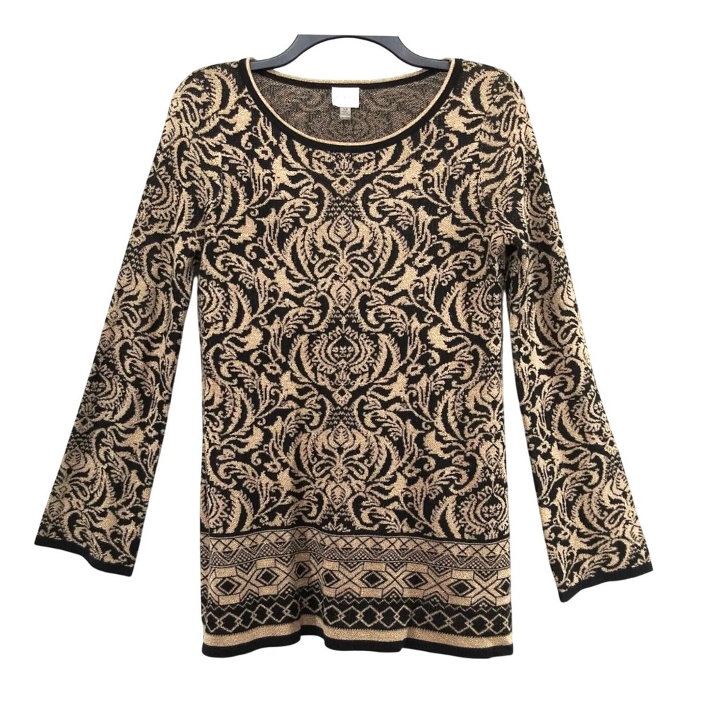 CUPIO SWEATER Gold Metallic &Black FANCY SCROLL PRINT Party Christmas Cocktail L